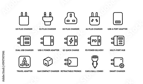 Set of international plug and charger icon collection for multiple adapters