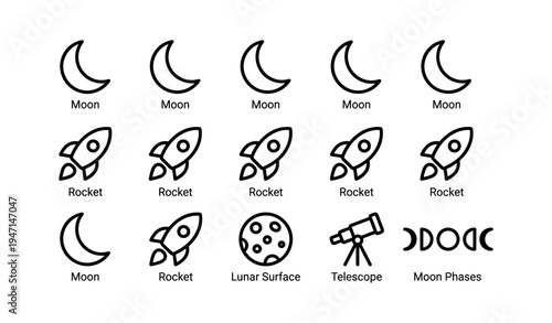 Moon phases, rocket icons, lunar surface, telescope illustration