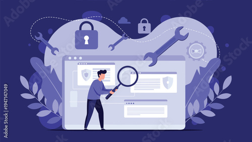Developer inspecting a website interface with a magnifying glass while repair tools float in the background area.