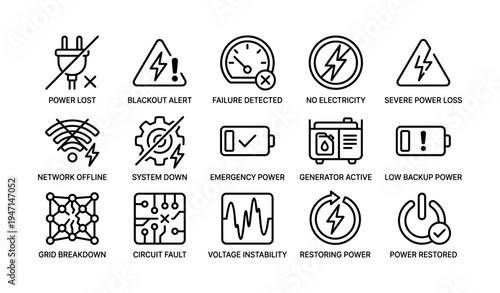 Electrical power loss and recovery icon set with alerts and system indicators