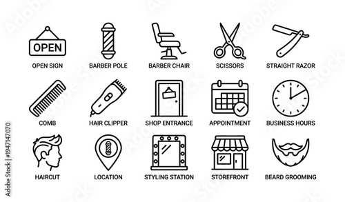 Barber shop icons: tools, equipment, and signs for haircutting and grooming services