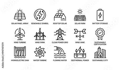 Renewable energy icons: solar, wind, hydro, geothermal, sustainable infrastructure