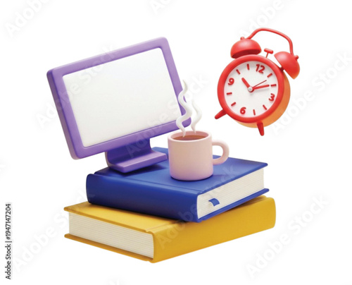 3d render work from home setup with computer screen coffee cup stacked books and red alarm clock time management