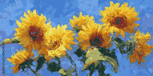 A vibrant cluster of sunflowers with bright yellow petals and dark centers