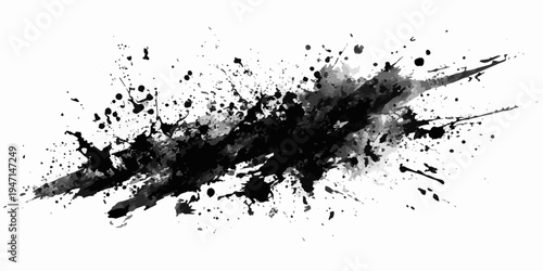 Dynamic black ink splash and splatter abstract art on white background