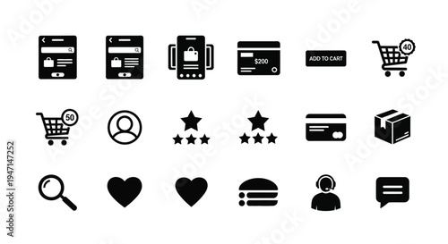 E commerce icons set including mobile payments shopping cart rating and user profile on white background for online business and digital marketing