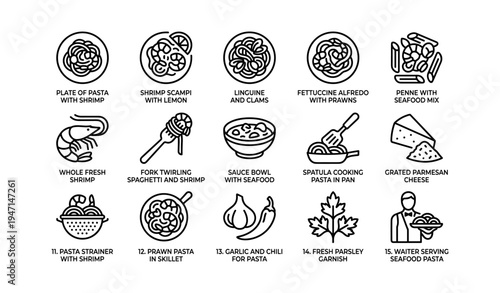 Various pasta dishes with seafood ingredients and cooking utensils