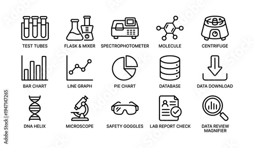 Lab equipment and data analysis icons: test tubes, graphs, microscope, database