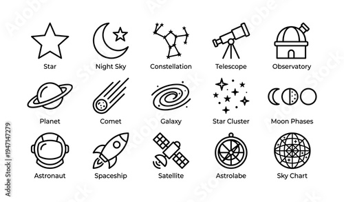 Astronomy icons: stars, telescopes, planets, and spaceships in line art style