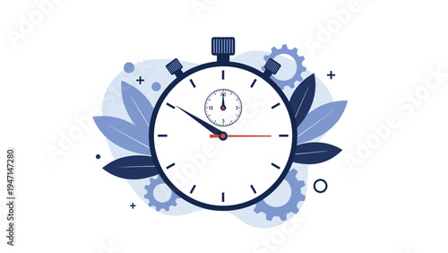 Stopwatch surrounded by gears and blue leaves to represent time management and productivity in a workplace setup.