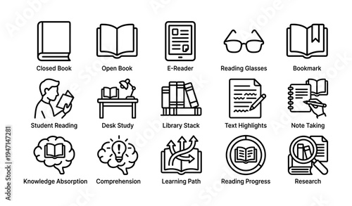Library icons: books, e-reader, glasses, student, desk, knowledge, research