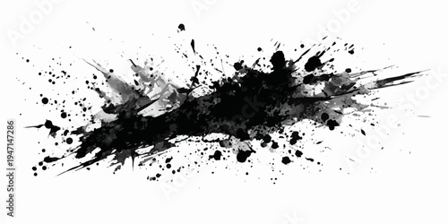 Dynamic black ink splash and splatter abstract art on white background