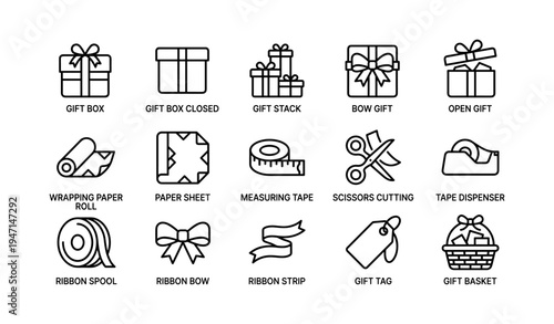 Gift box and wrapping icons: gifts, bows, and packaging essentials