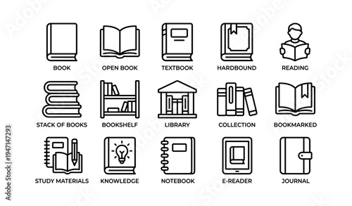 Library icons collection: books, reading, study materials, e-reader, knowledge