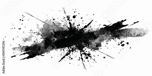 Dynamic black ink splash and splatter abstract art on white background