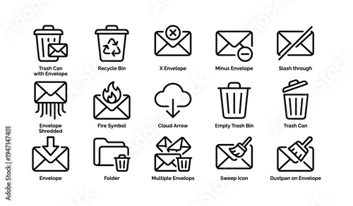 Set of trash and envelope icons including recycle bins and cloud arrow