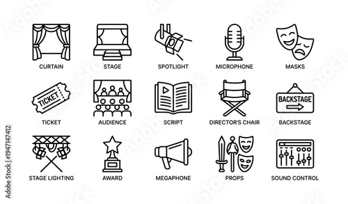 Theater icon set: curtain, stage, spotlight, microphone, masks, ticket, audience, script, director's chair