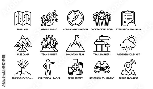 Outdoor adventure icons: hiking, navigation, planning, teamwork, safety