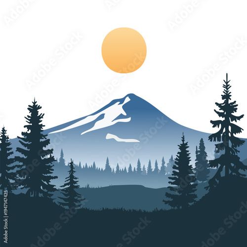 Mountain landscape illustration with trees and rising sun against white sky