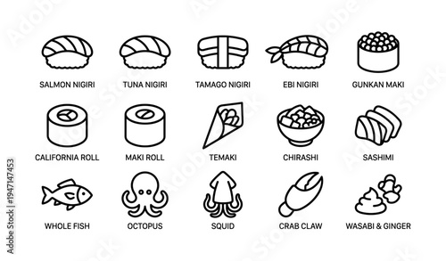 Illustrated assortment of sushi types with seafood and condiments icons