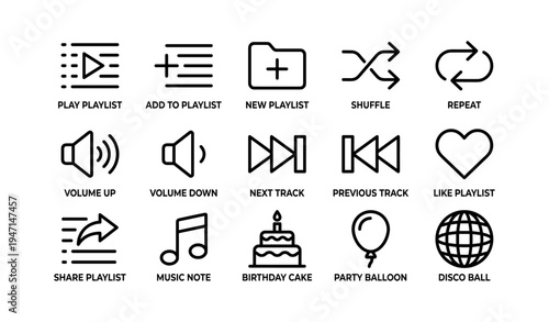 Set of music and party icons: playlist, volume, shuffle, cake, balloon, disco ball
