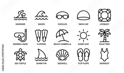 Summer beach icons: swimmer, waves, goggles, snorkel, flippers, sun, palm, turtle, shell, swimwear