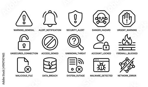 Warning icon set: alert, security, hazard, connection, system, malware, network