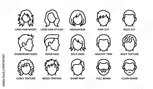 Diverse haircuts and hairstyles icon set for men and women