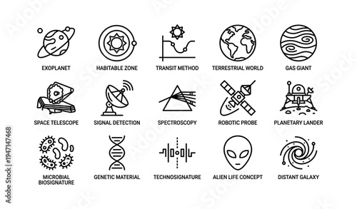 Icons representing exoplanet exploration and astrobiology concepts