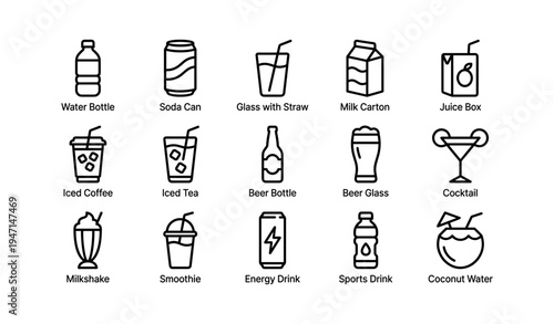 Variety of beverage icons including water, soda, milk, juice, coffee, beer, and energy drinks