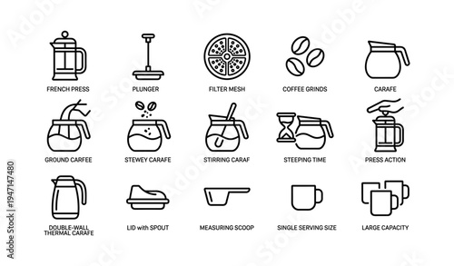 Coffee brewing equipment and accessories icon set with french press and carafe illustrations