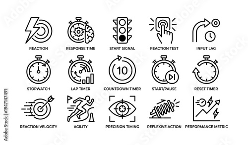 Icon set illustrating reaction and timing concepts with black and white designs