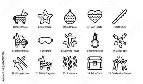 Piñata game elements: donkey, star, heart, ball, stick, candy, player, celebration