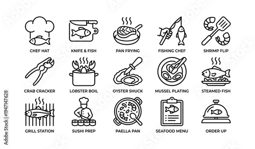 Culinary tools and techniques icons for seafood preparation and cooking