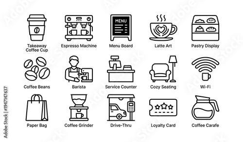 Coffee shop icons set including espresso machine and takeaway cup