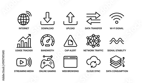 Data management icons: internet, upload, download, wi-fi, network, streaming, gaming, cloud