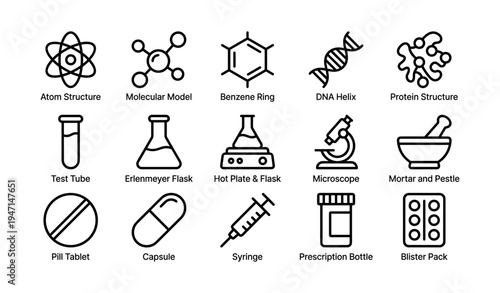 Scientific icons: chemistry, biology, medical equipment and symbols