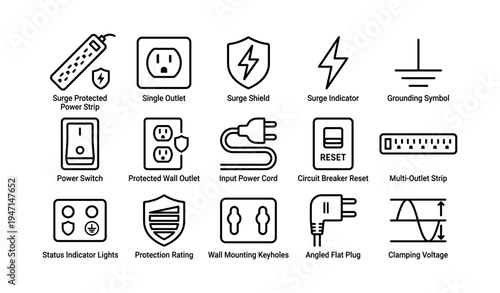 Electrical safety icons: power strips, outlets, surge protection, and circuit breakers