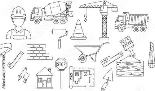 Construction building industry tools heavy machinery equipment engineering renovation architecture worker and home improvement project hand drawn vector illustration doodle art