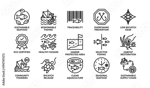 Sustainable fishing practices and marine conservation icons set