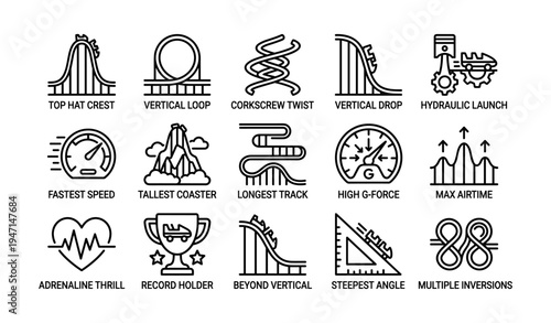 Amusement park rides line icons including coaster loop and adrenaline thrill symbols