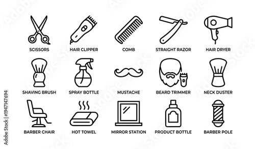 Barber shop tools icons: scissors, clippers, and salon equipment