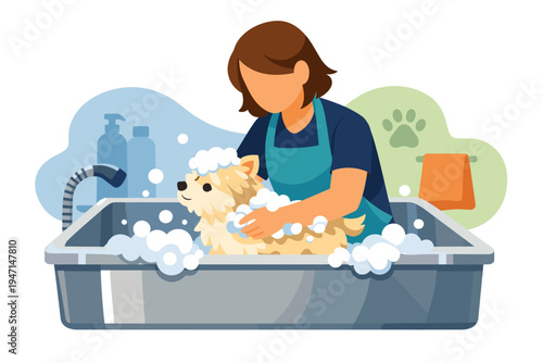 Woman giving a small fluffy dog a bath in a tub with soap and bubbles.