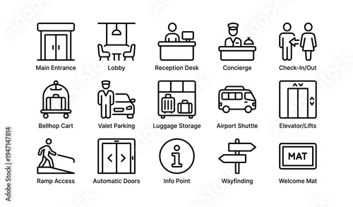 Hotel icons set featuring services and facilities related to hospitality and guest experience