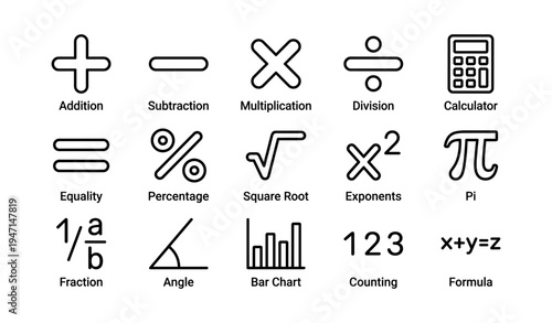 Math symbols and operations icons set featuring various calculations
