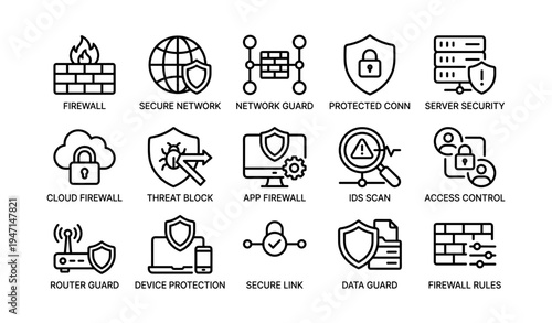 Cybersecurity icons set featuring firewalls and network protection symbols