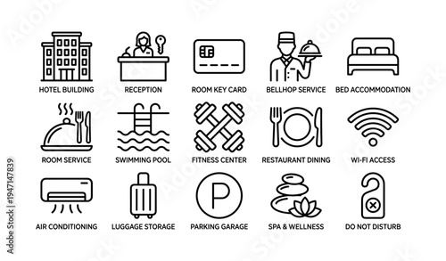 Hotel amenities icons: reception, room key, bellhop, accommodation, services, wi-fi, pool, fitness, dining