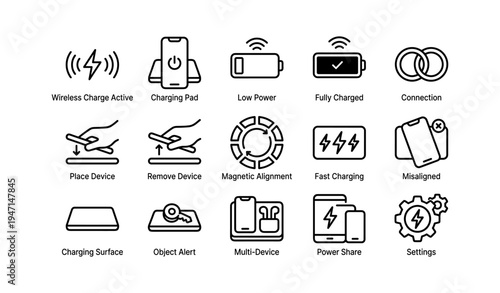 Wireless charging icons: charging pad, fast charging, multi-device, power share, settings