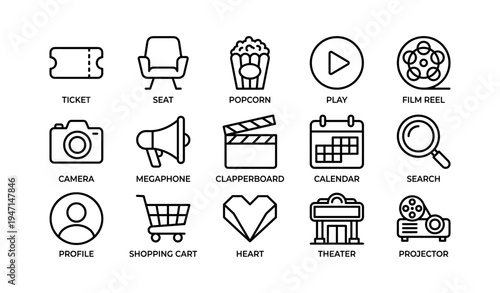 Cinema icons set including ticket seat popcorn play film reel symbols
