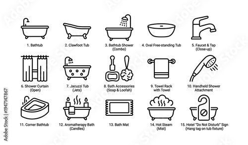 Bathroom icons: tubs, showers, faucets, accessories, signs